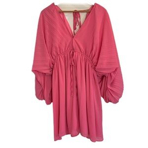 Promesa blush pink long billowy sleeve tie waist accordion pleat mini dress